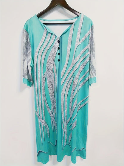 Women's Printed V-Neck Midi Dress - Button Front