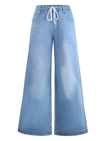 [Stretch-Waist Wide-Leg Jeans] Women's Stretch-Waist Straight-Leg Relaxed Fit Jeans Four-Season Casual High-Waisted Comfortable Wide-Leg Pants Fashionable Pants Suitable For Any Occasion