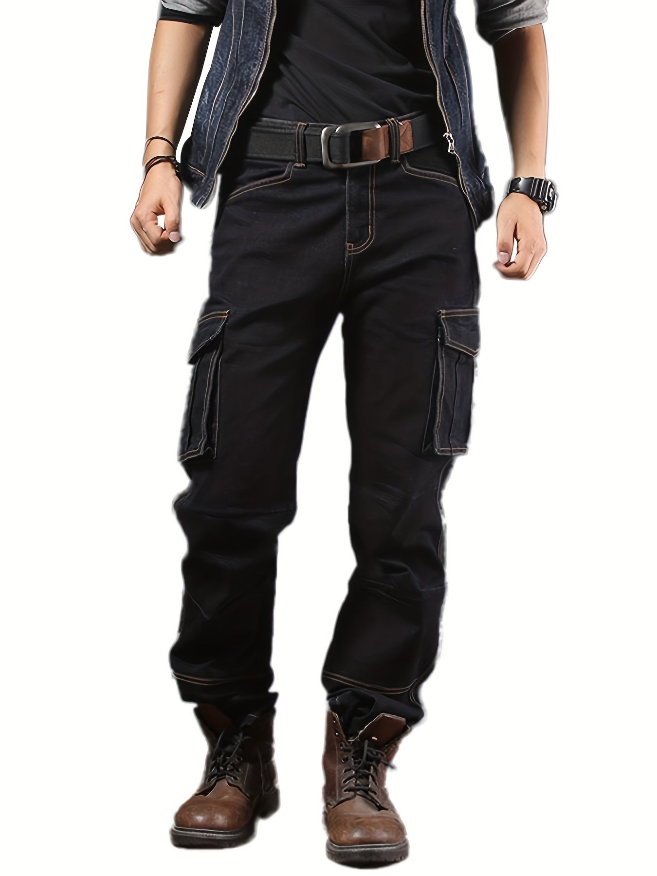 Men'S Outdoor Casual Motorcycle Workwear Multi- Denim Biker Cargo Jeans Trousers