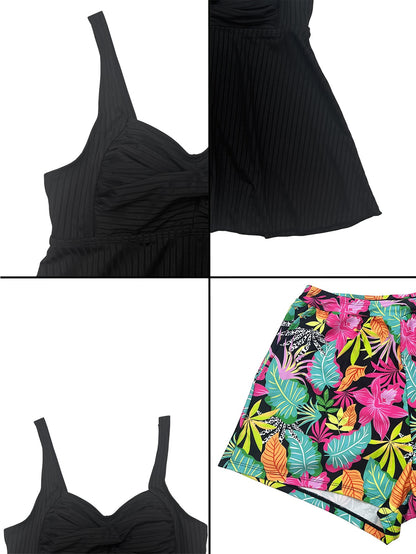 Women's Large-sized Design-inspired Tankini 2pcs Swimsuit Set, with Crossed Pleated Ruffled Skirt at the Front, Square-neck Striped Top Paired with Flat-leg Tropical Print Shorts. Ideal for Beach and Resort Holiday Parties.