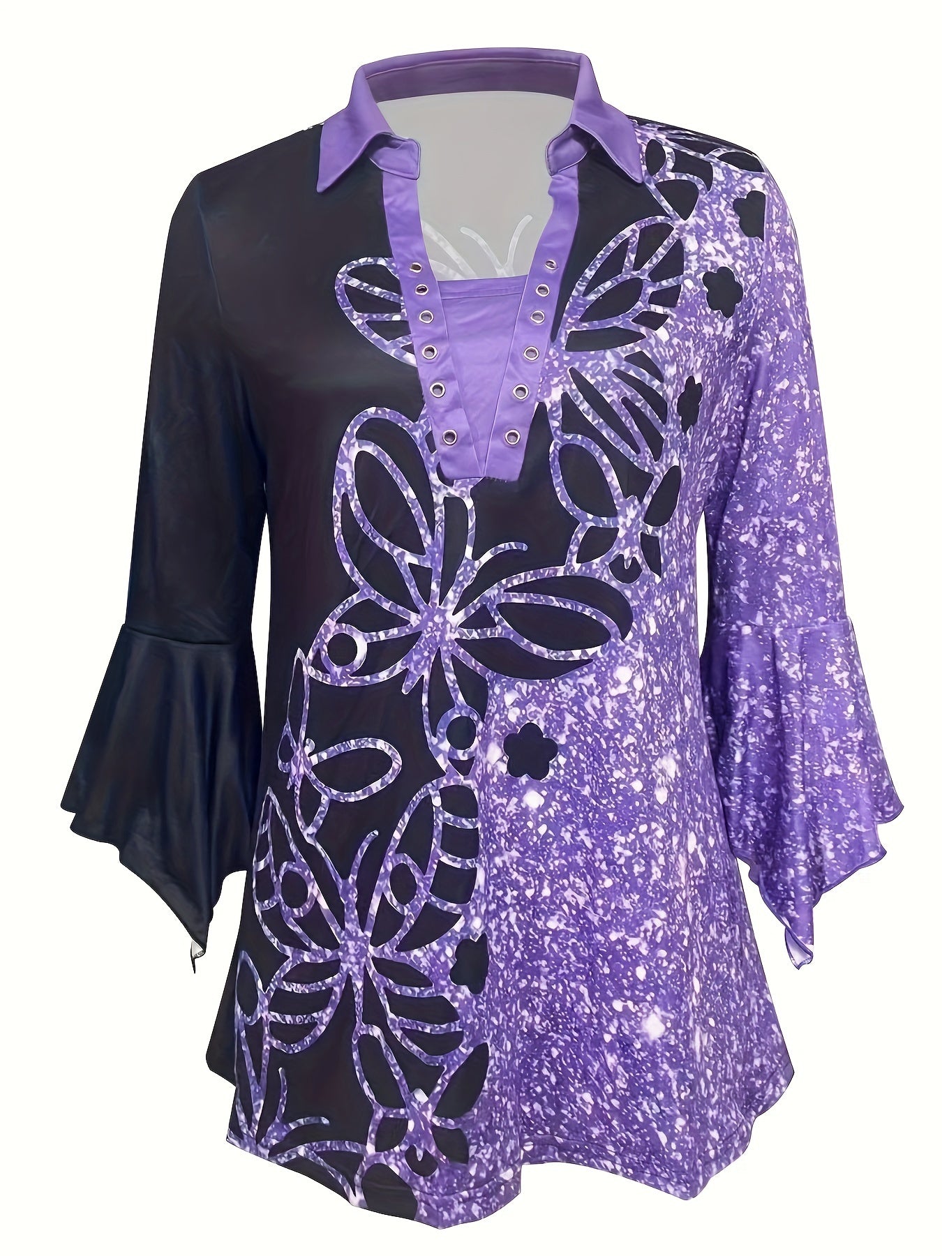 Spring And Autumn New Women Printed Lapel Three-quarter Sleeve T-shirt Irregular Sleeve Button-up Top