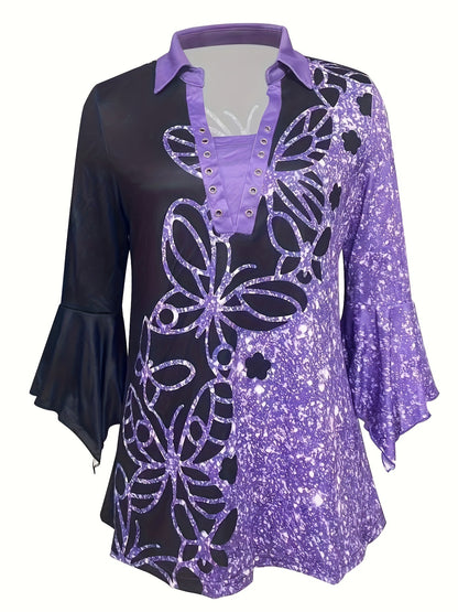 Spring And Autumn New Women Printed Lapel Three-quarter Sleeve T-shirt Irregular Sleeve Button-up Top