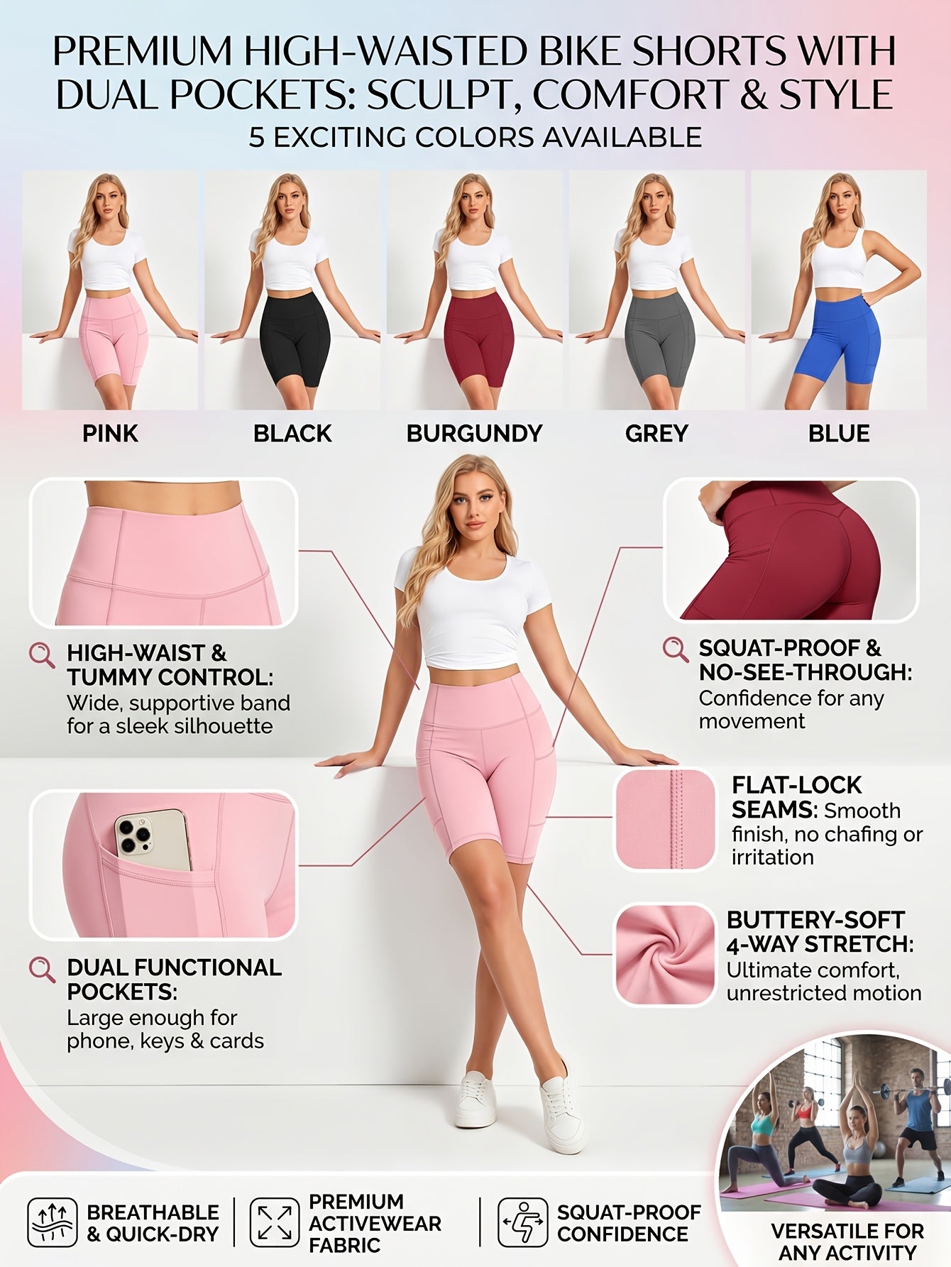 Black + Gray + Red + Blue + Pink Polyester High-Waist Shorts - product view 7