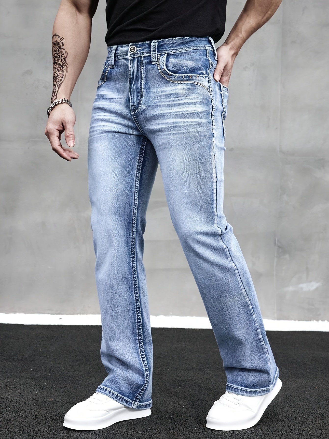 ESDVQ Men's Slim-Fit Classic Washed Denim Bell-Bottom Jeans - Mid-Stretch Machine-Washable Flared Pants with Suitable for All-Season Wear, Comfortable Stretchable Bell-Bottoms for Casual & Dressy Outfits