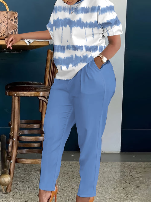 Plus Size, Ladies Plus Size Daily Fashion And Leisure Suit, Horizontal Wavy Striped Printed T-shirt with Short Sleeves And Pocket Trousers, Ladies Elegant Suit.