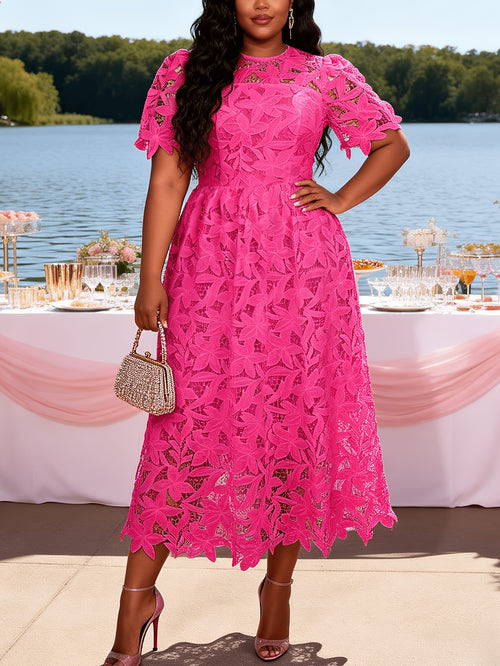 Plus Size - Plus Size - Plus Size Round Neck Lace Dress, Elegant Midi Length with Waist Definition, Formal Banquet And Evening Gown