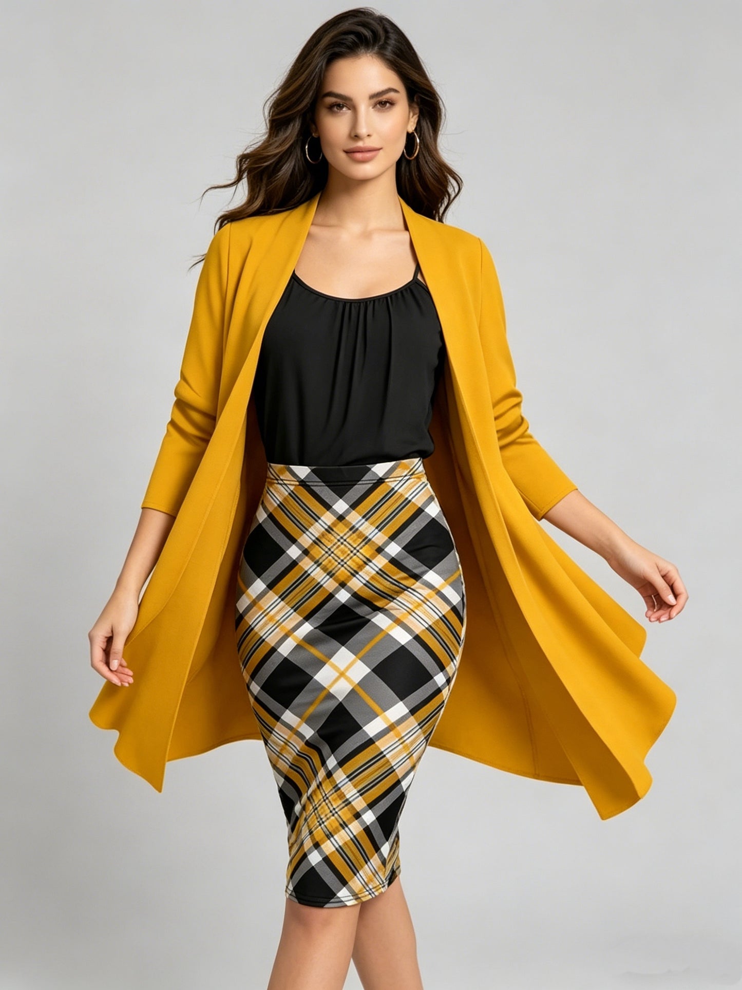 Women'S Retro Irregular Hem Three-Quarter Sleeve Cardigan + Black Camisole and Plaid Bodycon Skirt Three-Piece Set - Spring/Autumn Commuter and Party Outfit
