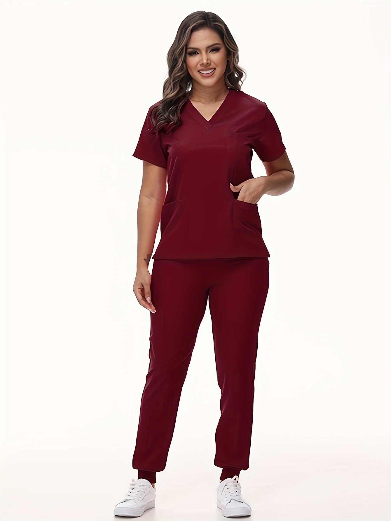 [Breathable Scrubs Set] Scrubs Top And Pants Unisex Breathable Quick Drying Scrubs Uniform Women And Man Scrubs Set V-Neck Top T-Shirt And Tapered Leg Jogger With Drawstring Nursing Uniforms Set Suitable For Pet Hospitals, Dental Clinics, Nursing Work, Et