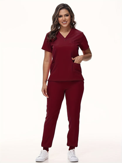 [Breathable Scrubs Set] Scrubs Top And Pants Unisex Breathable Quick Drying Scrubs Uniform Women And Man Scrubs Set V-Neck Top T-Shirt And Tapered Leg Jogger With Drawstring Nursing Uniforms Set Suitable For Pet Hospitals, Dental Clinics, Nursing Work, Et