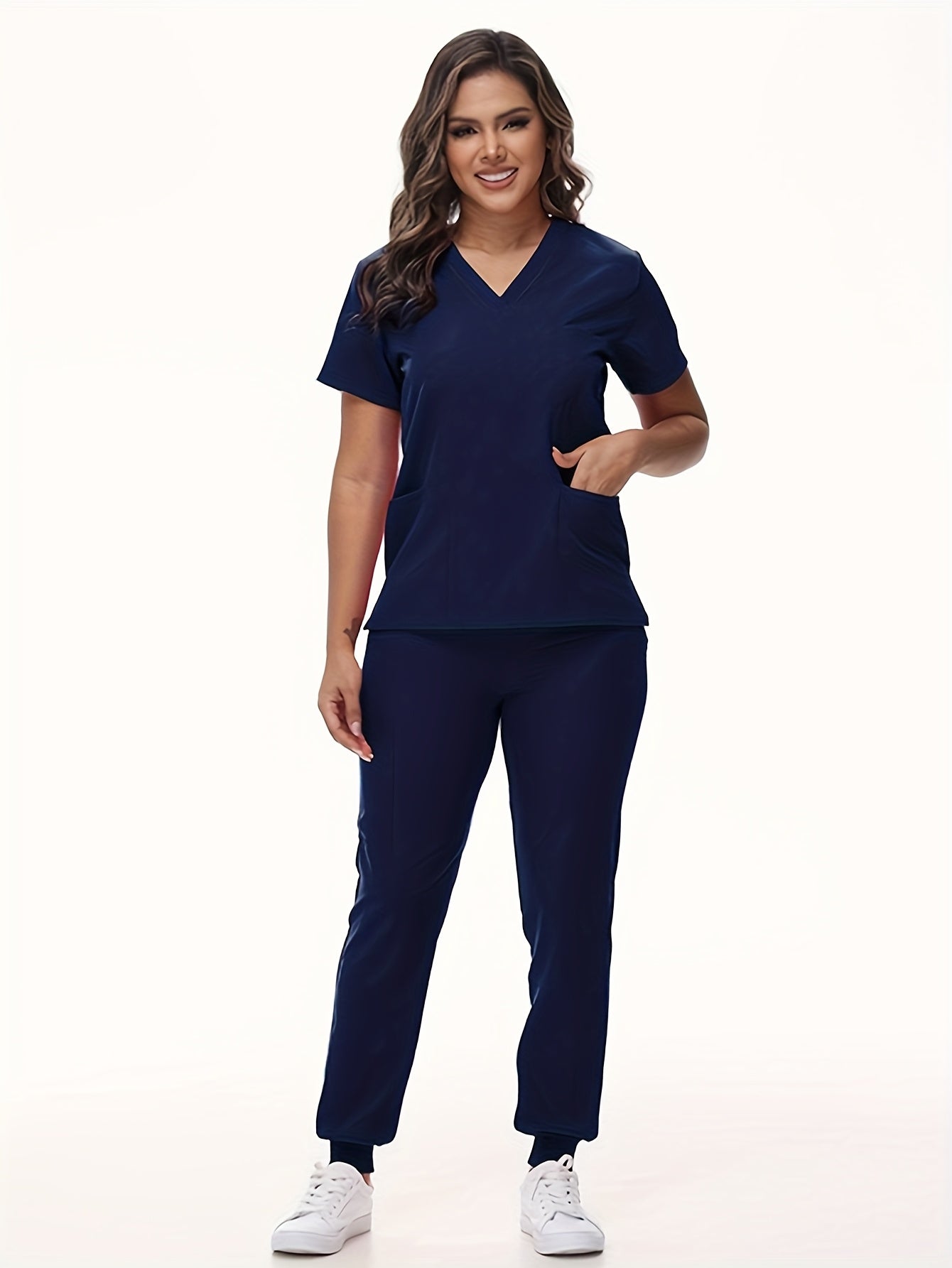 [Breathable Scrubs Set] Scrubs Top And Pants Unisex Breathable Quick Drying Scrubs Uniform Women And Man Scrubs Set V-Neck Top T-Shirt And Tapered Leg Jogger With Drawstring Nursing Uniforms Set Suitable For Pet Hospitals, Dental Clinics, Nursing Work, Et