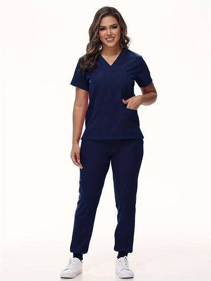 [Breathable Scrubs Set] Scrubs Top And Pants Unisex Breathable Quick Drying Scrubs Uniform Women And Man Scrubs Set V-Neck Top T-Shirt And Tapered Leg Jogger With Drawstring Nursing Uniforms Set Suitable For Pet Hospitals, Dental Clinics, Nursing Work, Et