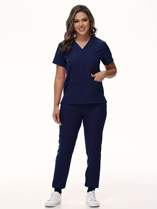 [Breathable Scrubs Set] Scrubs Top And Pants Unisex Breathable Quick Drying Scrubs Uniform Women And Man Scrubs Set V-Neck Top T-Shirt And Tapered Leg Jogger With Drawstring Nursing Uniforms Set Suitable For Pet Hospitals, Dental Clinics, Nursing Work, Et