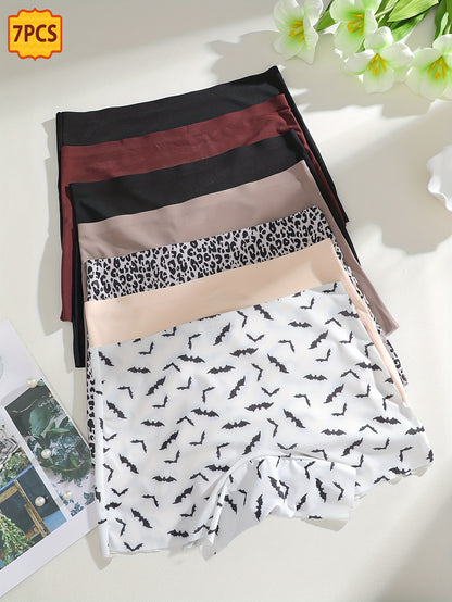 7pcs Women's Seamless Boxer Shorts - Elegant Leopard Print Underwear, Breathable Skin-Friendly Mid-Rise Boxers Suitable for Daily Wear, Casual & Office - Soft Non- Pants for Comfortable Everyday Use