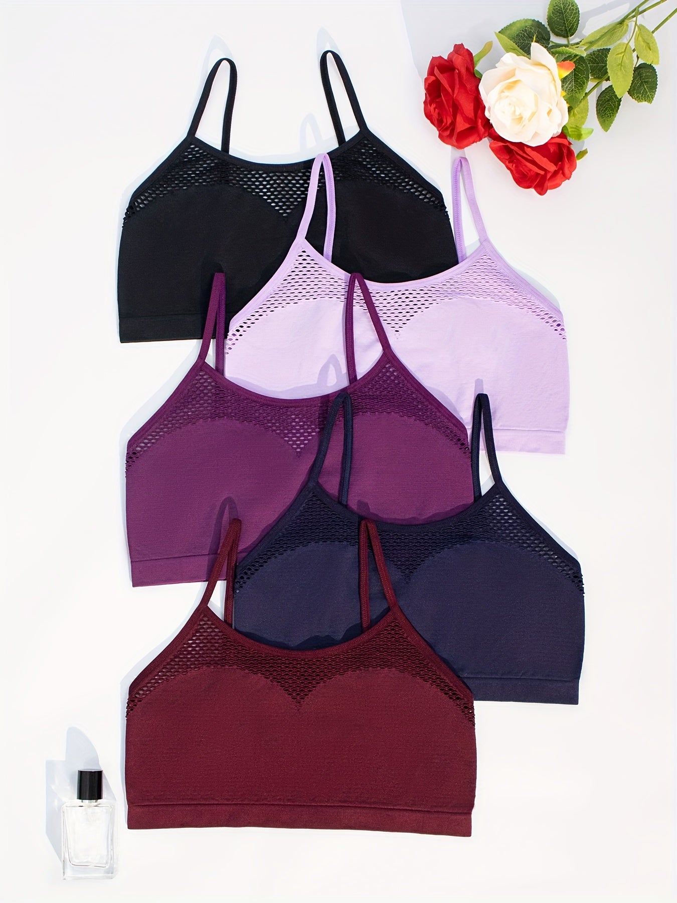 5pcs Multi-Color Seamless Sexy Hollow Out Breathable Fishing Net Outer Wear Daily Bra And Seamless Adjustable Straps Casual Ladies Camisole Tank Bra