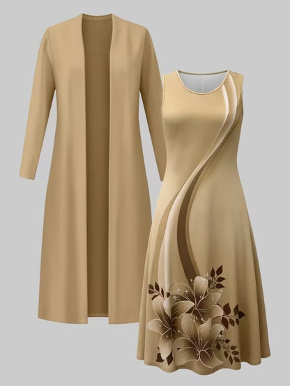 2pcss Set, Vest Style Dress+Long Sleeved Jacket Cardigan, Women'S Fashionable Dress Set, Floral Print Dress Cardigan Top Paired with Waist Cinching Long Skirt 2pcss Set, Elegant Temperament, Suitable for Wearing on The Street