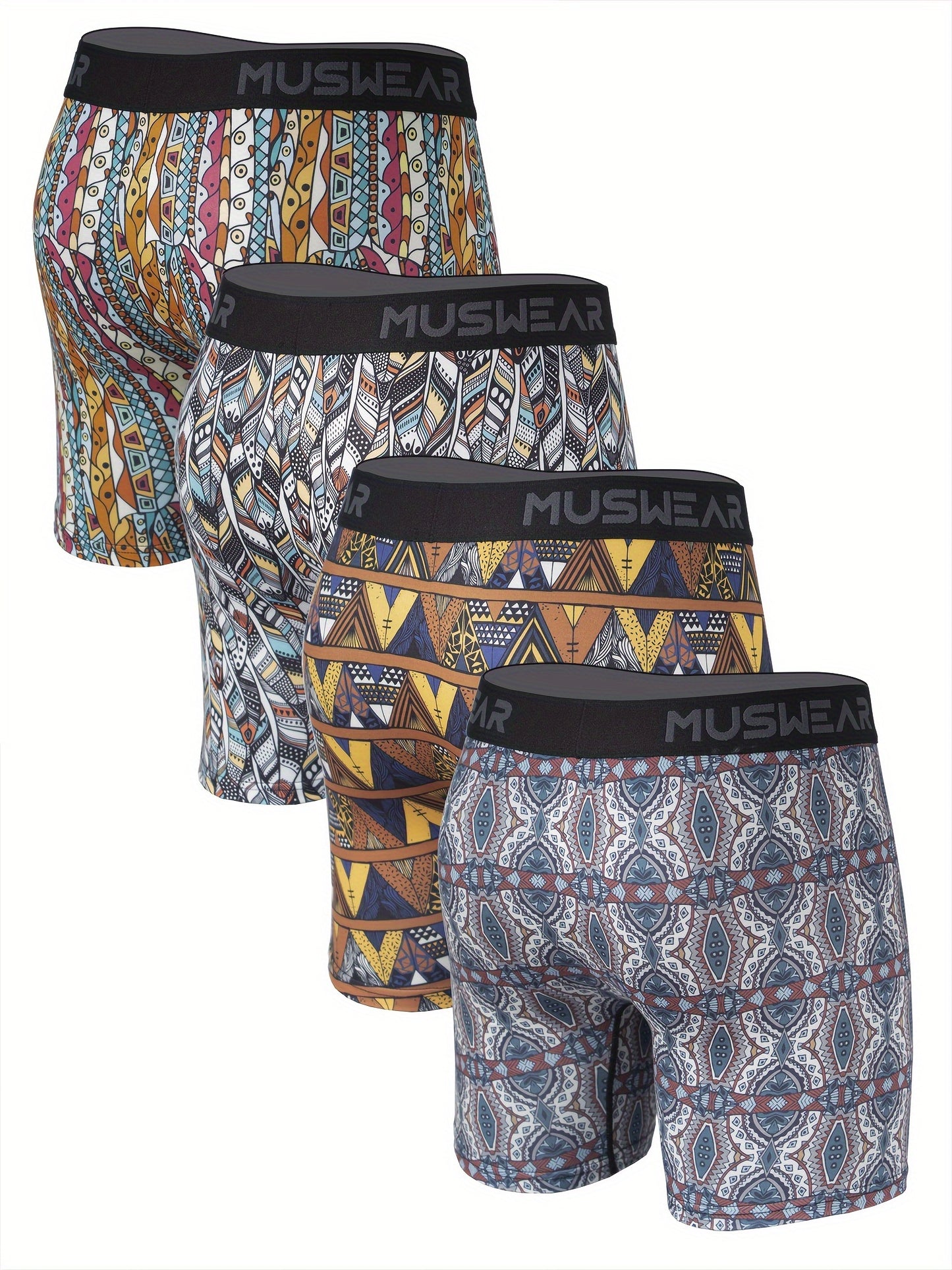 MUSWEAR Men's Quick-Dry Boxer Briefs - Moisture-Wicking Breathable Athletic Underwear with Side Openings, Tribal Geometric Print, Mid-Stretch Fabric for Gym, Casual & Daily Wear, Boxer Shorts, Workout Gear, Sporty Design, Lightweight Construction, Perform