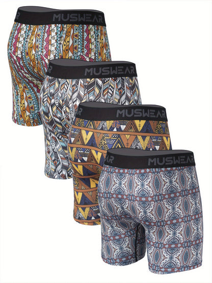 MUSWEAR Men's Quick-Dry Boxer Briefs - Moisture-Wicking Breathable Athletic Underwear with Side Openings, Tribal Geometric Print, Mid-Stretch Fabric for Gym, Casual & Daily Wear, Boxer Shorts, Workout Gear, Sporty Design, Lightweight Construction, Perform