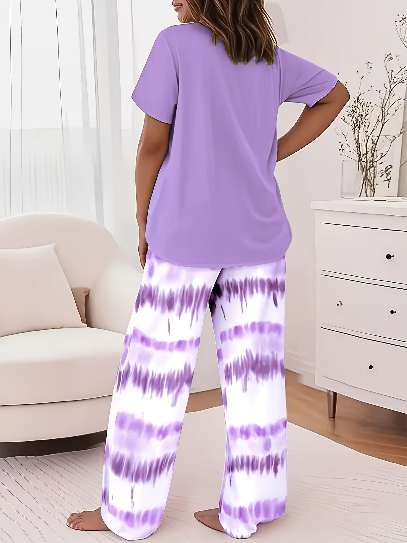 Round Neck Cross Printed Top Short-Sleeved Gradient Wide-Leg Pants Casual Loose Two-Piece Set