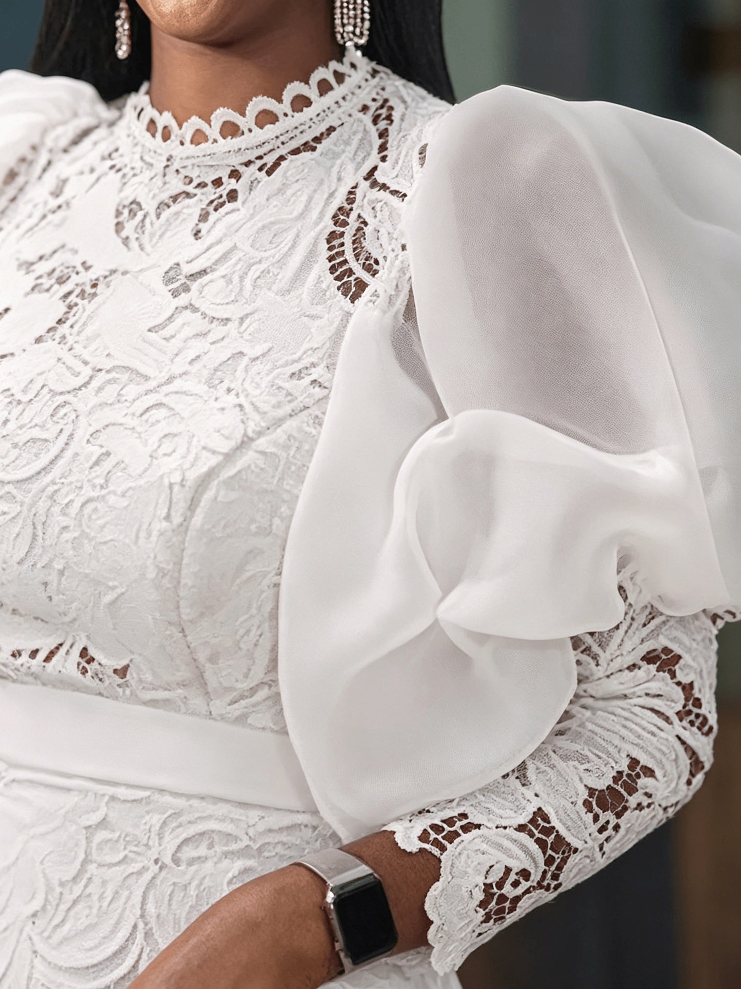 Plus Size, New Arrival Women's Lace-Trimmed Bubble Sleeve Party Dress with Round Neckline And Three-Quarter Length Sleeves