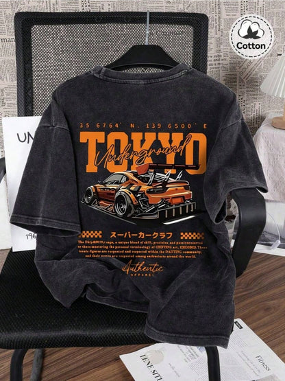 Spring And Summer Racing Pattern Men'S T-Shirt Top, Micro Elastic Fit, Washed with Water to Make Old, Breathable Black Round Neck Short Sleeved T-Shirt, Daily Casual Street T-Shirt Top