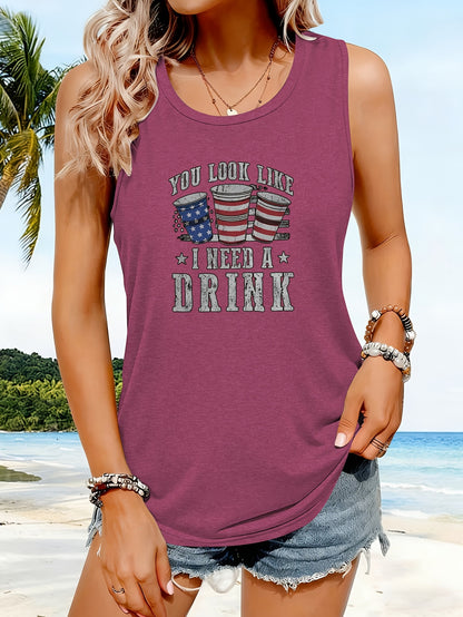 Women's Tank Top T-Shirt, Printed Tank Top T-Shirt, Sleeveless Tank Top T-Shirt, Women's Casual Tank Top T-Shirt 'Looks Like I Need a Beer' Humorous Pattern Print- American Flag Beer Mug, Star Design, Lightweight Summer Crew Neck Top
