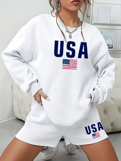 Women'S Casual And Versatile Letter Pattern Sports Home Suit, Round Neck Long-Sleeved Sweatshirt And Shorts, Loose And Casual Matching