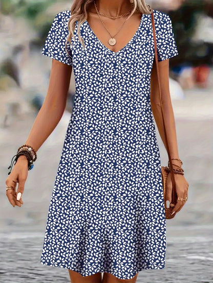 Fashionable Floral Vacation Elegant V-Neck Short Sleeved Dress