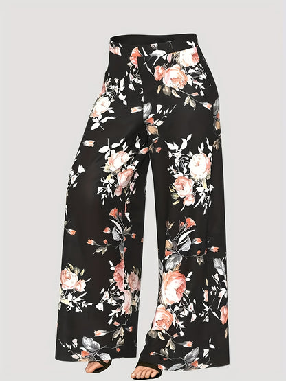 Plus Size - New Women'S Solid Color Top And Printed Pants Chiffon Fashion Style Set Top And Pants Two Piece Set