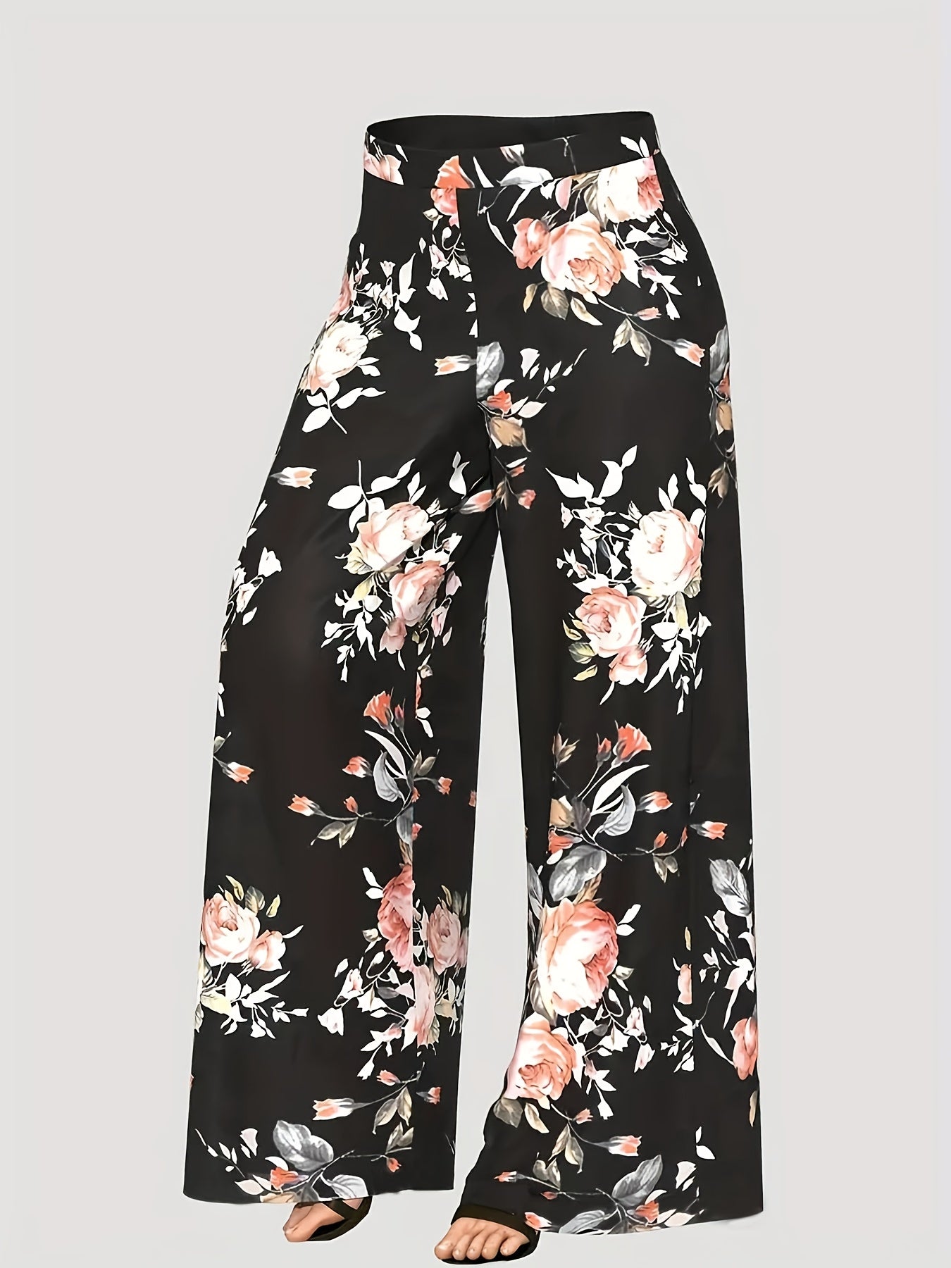 Plus Size - New Women'S Solid Color Top And Printed Pants Chiffon Fashion Style Set Top And Pants Two Piece Set
