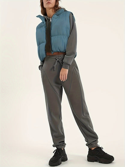 Womens Cropped Vest Zip Up Stand Collar Sleeveless Padded Cropped Vest