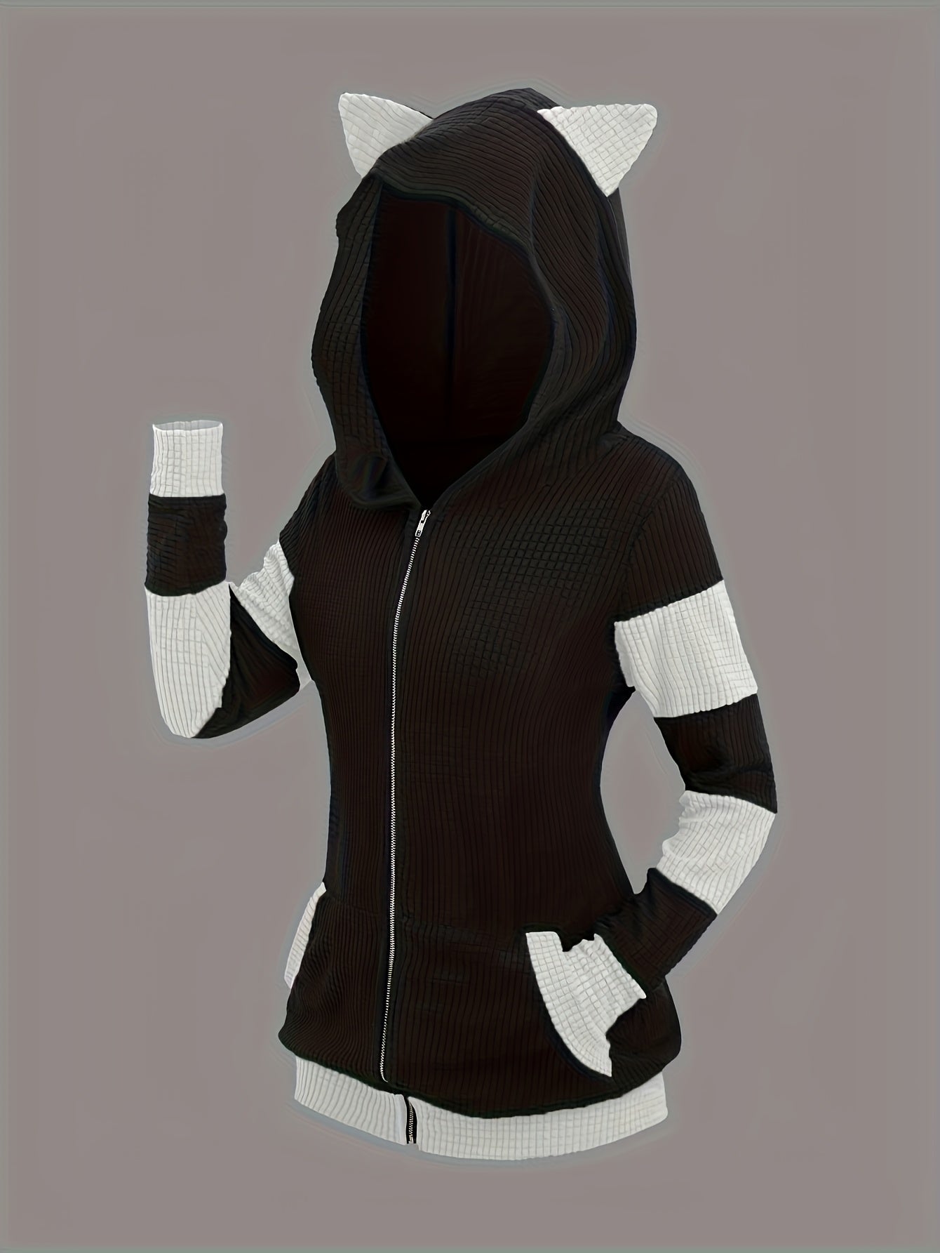 Women's & Cute Cat Ear Zip Hoodie - Anime Roleplay Costume with Pockets, Colorblock -Line Sweatshirt | Soft Warm Outerwear Suitable for Autumn/Winter Daily Wear, Machine Washable Cozy Streetwear