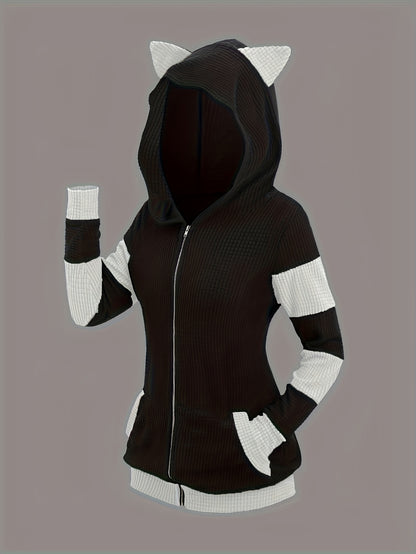 Women's & Cute Cat Ear Zip Hoodie - Anime Roleplay Costume with Pockets, Colorblock -Line Sweatshirt | Soft Warm Outerwear Suitable for Autumn/Winter Daily Wear, Machine Washable Cozy Streetwear