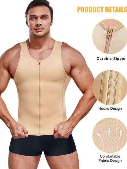 (Order One Size Up) Men'S Waist Trainer Body Shaper Vest - Streamlined Compression Support, Tummy & Chest Sculpting, 2 In 1 Zipper Tank Top