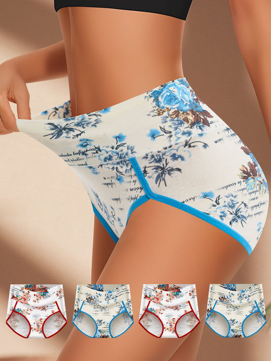 4pcs Women's High-Waisted Tummy Control Underwear - Butt Lifting Breathable Triangle Panties with Tummy Tuck, Elegant Floral Print Full Coverage for Daily Wear, Commuting & Lifestyles (4pcs) - Non-Sheer Comfortable High Waist Line