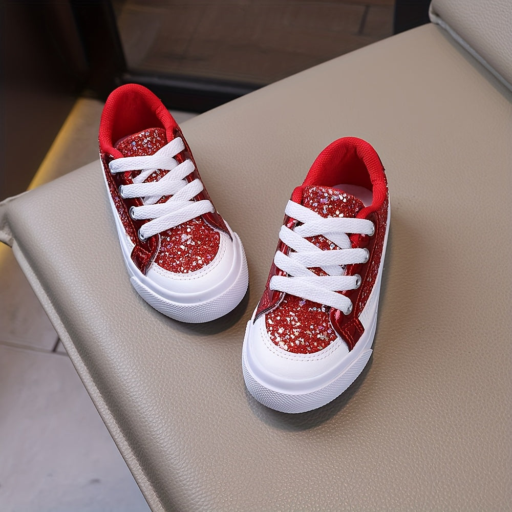 Children's Skate Sneakers, 1 Pair/pack. Spring - Autumn Style. Sequins Add Childlike Charm. Classic Lace - Up. Soft, Breathable Inner Lining. High - Quality Elastic Sole. Easy On/off. Ideal for School, Festival Gatherings, And Sports - Casual Wear.