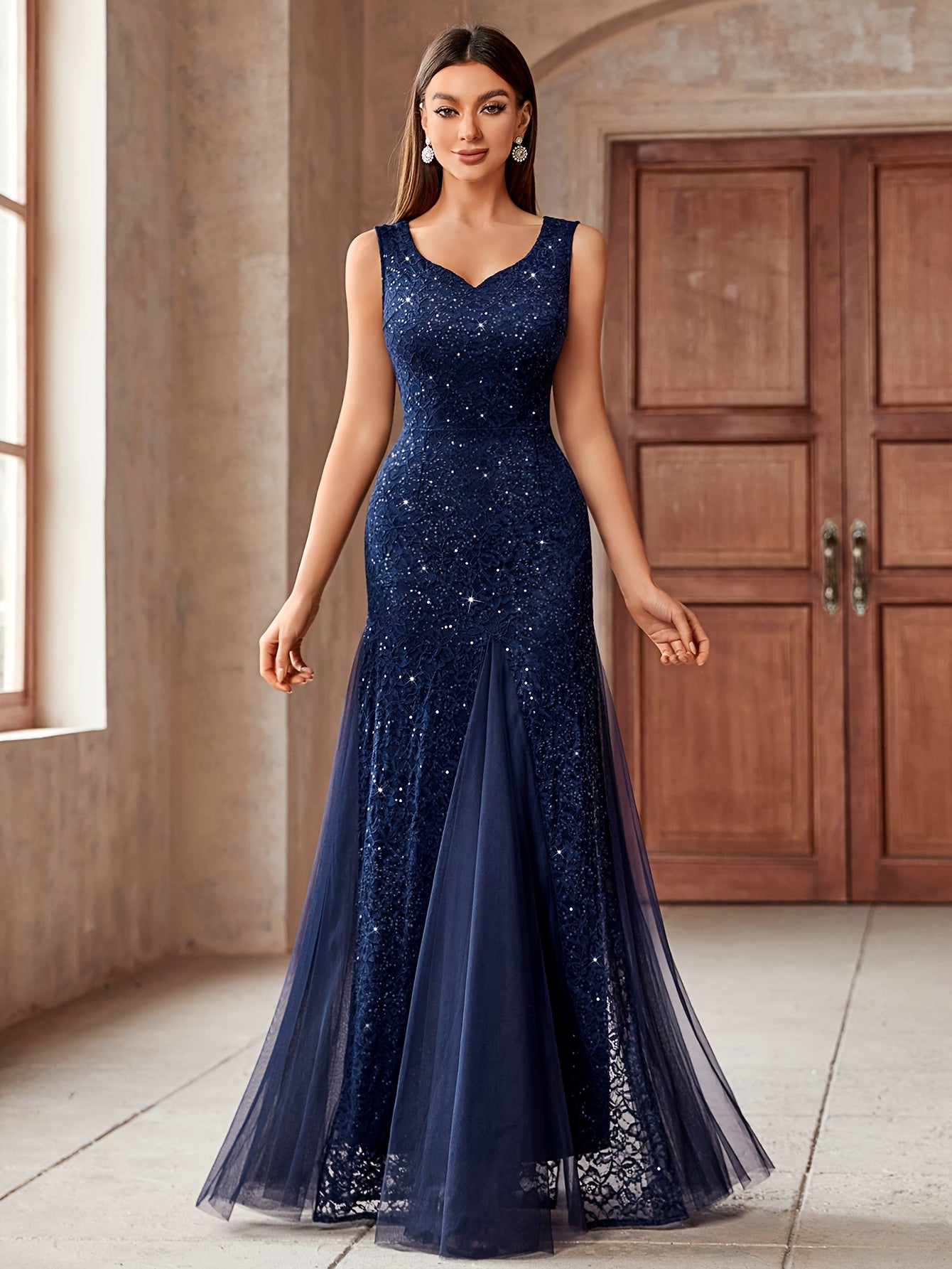 23218 Elegant Women's Sequin Lace Long Evening Bridesmaid Dress, Sweetheart Neckline Sleeveless Design with Slit Tulle Mermaid Hem, Perfect for Formal Wedding Party