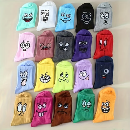 20 Different Mood Designs Colorful Cartoon Face Painting Socks, Funny Novelty Expression Pattern Socks, Unisex All Season Daily Outdoor Casual Socks, Random 10 Pairs
