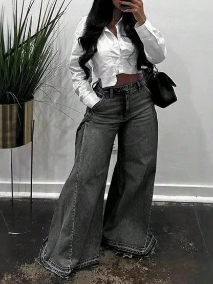 Women'S Wide Leg Jeans High Waisted Flared Denim Pants Baggy Loose Fit Jeans Frayed Raw Hem Casual Streetwear