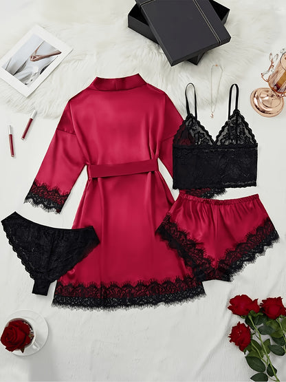 Women's Satin Fabric Pajama Set, Floral Lace Camisole Sleepwear and Robe 4pcs Set, Sexy Plus Size Nightwear with Pants and Belt, Loungewear