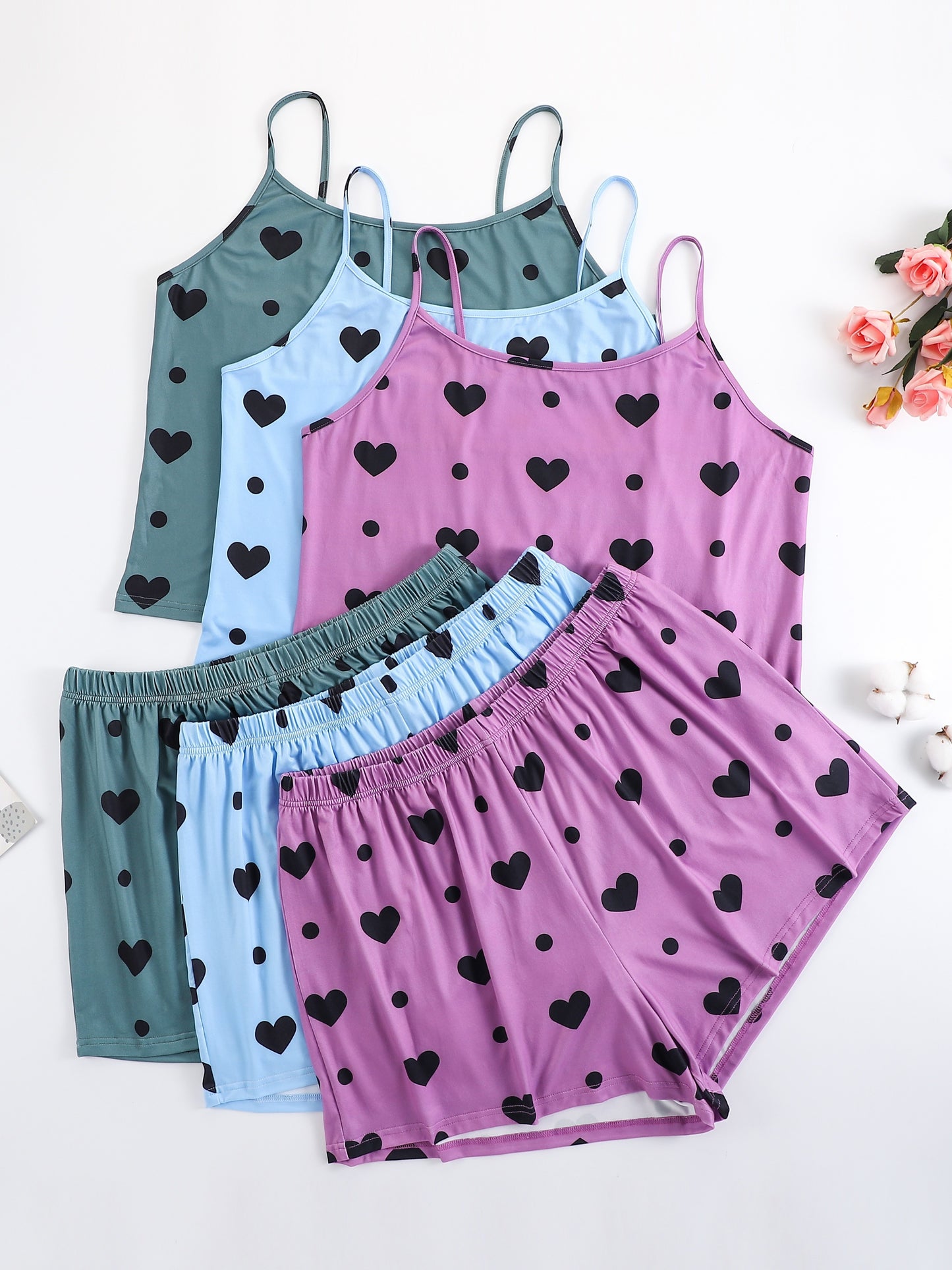 3 Sets Women'S Plus Casual Pajama Set, Plus Size Heart & Polka Dot Print Round Neck Cami Top & Shorts Lounge 6pcs Set