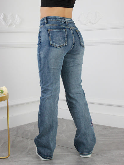 Women'S Vintage High Waist Jeans Micro Stretch Slim Bootcut Jeans, Floral Embroidered Flared Jeans, Vintage Style, Elegant