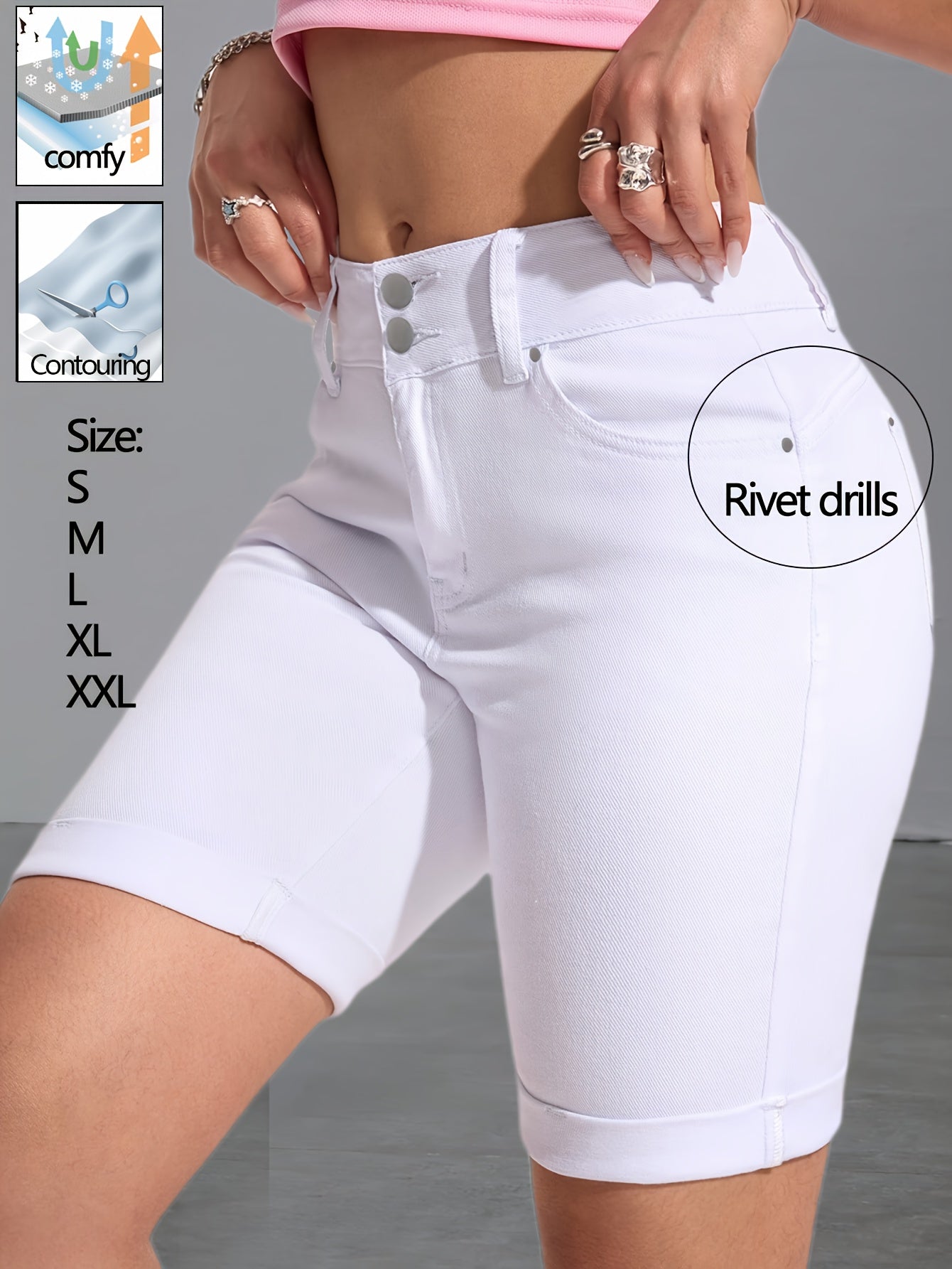 Slim Fit High-Waisted White Stretch Denim Bermuda Shorts for Women Featuring a Double Button Design, Rivet Details, And Cuffed Hems. Made from Soft, Flexible Fabric That Contours to The Figure