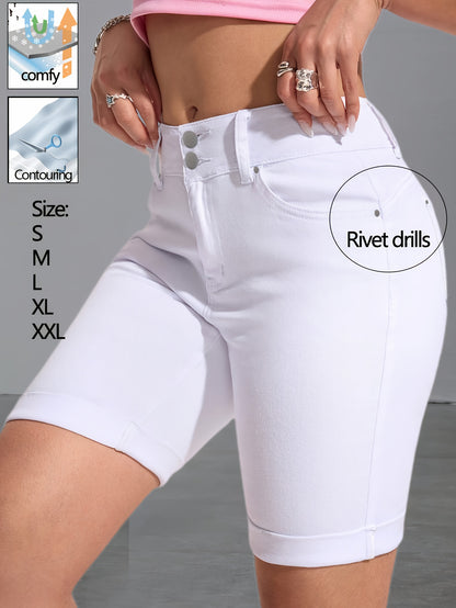 Slim Fit High-Waisted White Stretch Denim Bermuda Shorts for Women Featuring a Double Button Design, Rivet Details, And Cuffed Hems. Made from Soft, Flexible Fabric That Contours to The Figure