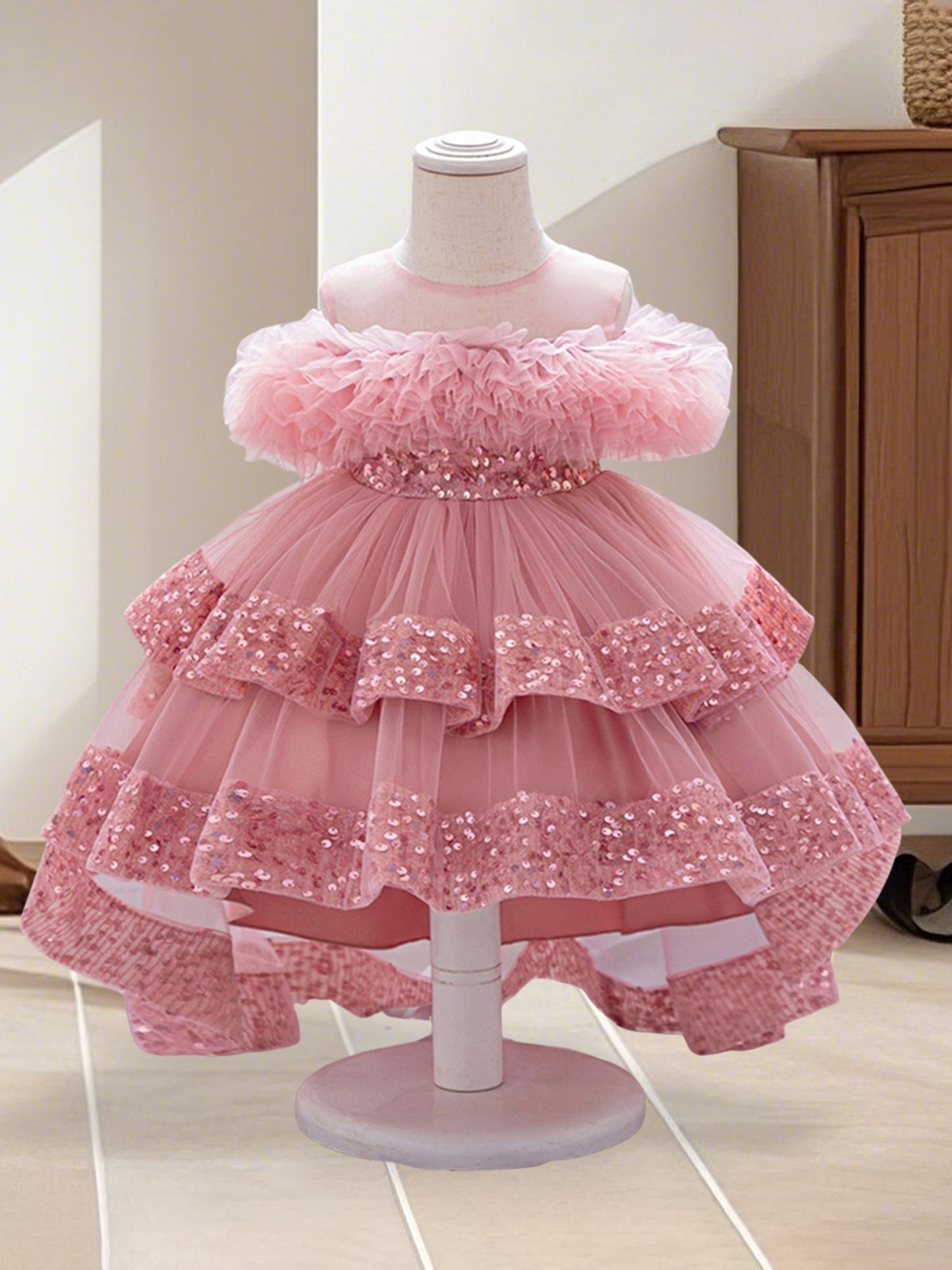 Kids Toddler Baby Girls Tulle Ball Gown Shiny Sequins Round Neck High Low Party Dresses for Birthday Wedding Dress