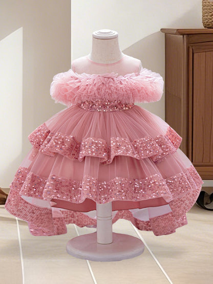 Kids Toddler Baby Girls Tulle Ball Gown Shiny Sequins Round Neck High Low Party Dresses for Birthday Wedding Dress