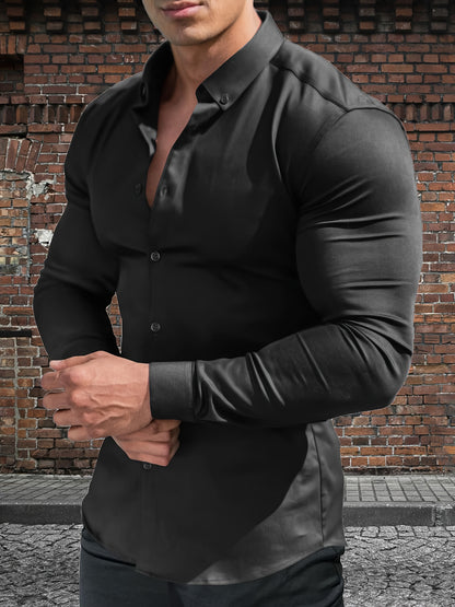URRU Men's Muscle Fit Slim Stretch Dress Shirt - 4-Way Stretch Fabric (65% Rayon/25% Nylon/10% Spandex), Square Collar, Long Sleeve Button- Casual Shirt for All-Season Wear, Machine Washable Solid Color, Versatile Menswear, Classic Collar Design