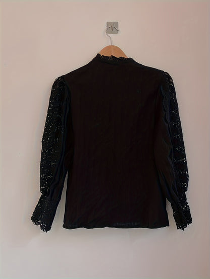 Women's Shirt Heavy Lace Hollow Flower Long Sleeve Lace Stand Collar Pearl French Button Top Shirt