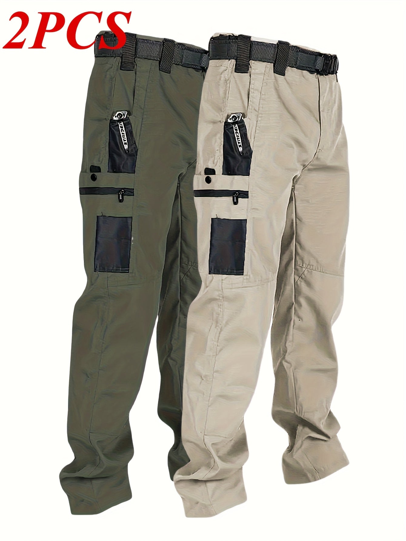 2pcs Set, Men'S Outdoor Cargo Pants, Multi-Functional Pockets, Lightweight, Ripstop, Durable Work Pants, for Camping Hiking Fishing, Suitable for Spring Summer And Autumn Seasons