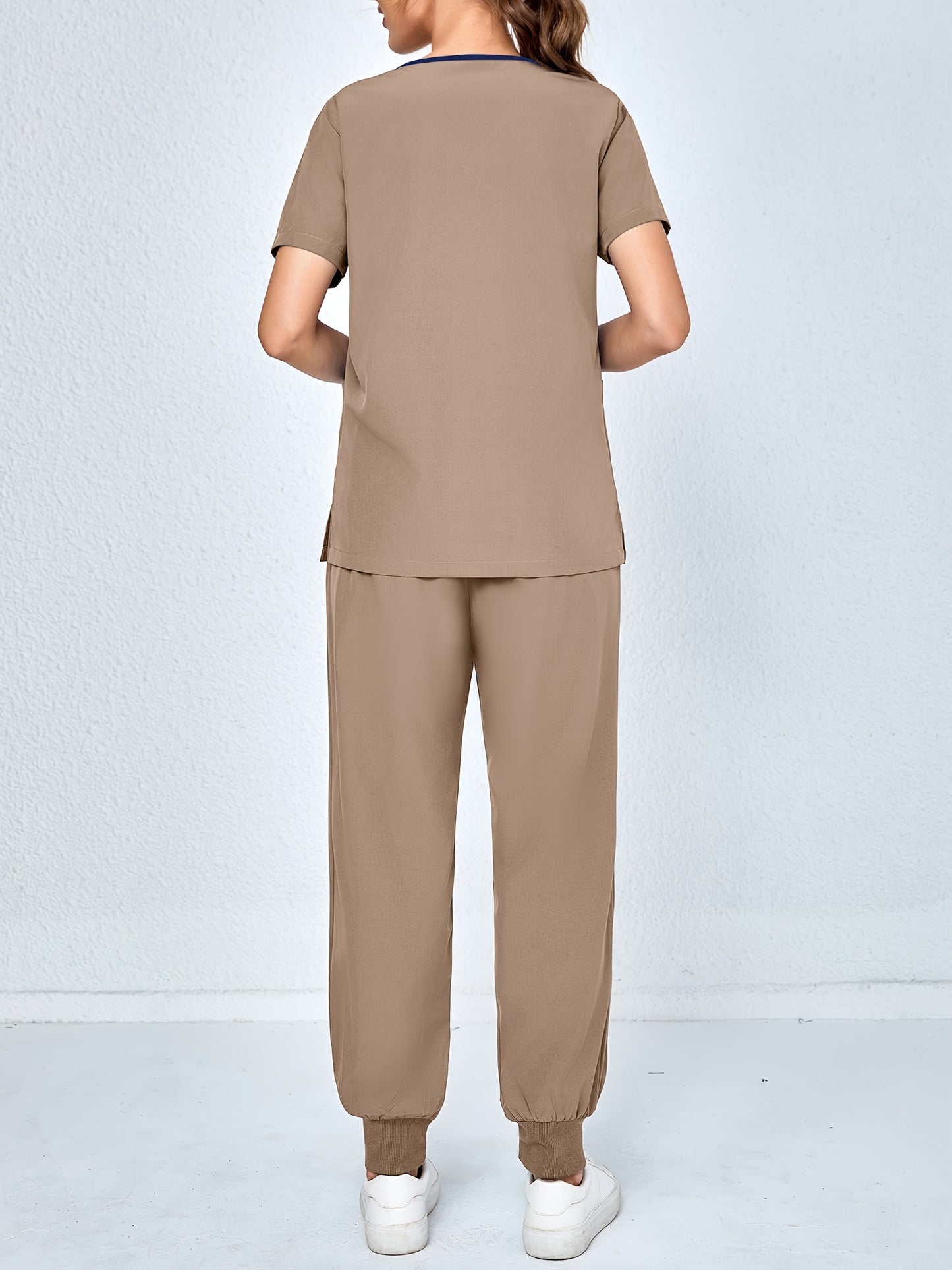 2pcs Set Of Top And Pants, Women's V-neck Frosted Breathable Pocket S Uniform, Brushed Hand Clothes, Work Clothes, Hand Washing Clothes, Pocket Clothes, Leg Binding Pants Set
