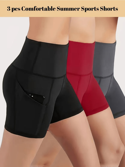 Set of 3 High-Waisted Sports Shorts for Women, Ideal for Yoga, Fitness, And Running, Featuring Pockets